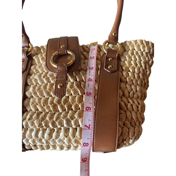 Etienne Aigner Corn Husk Woven Tote Bag Brown Leather Trim Retro Summer Chic - Picture 12 of 13